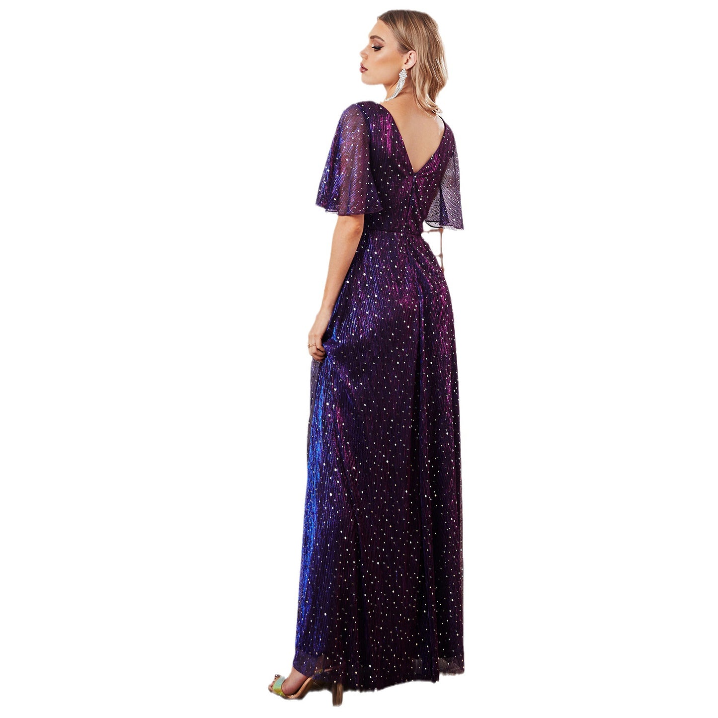 Women's Long Elegant Dress with see-through short sleeves and snug tall waist wrap