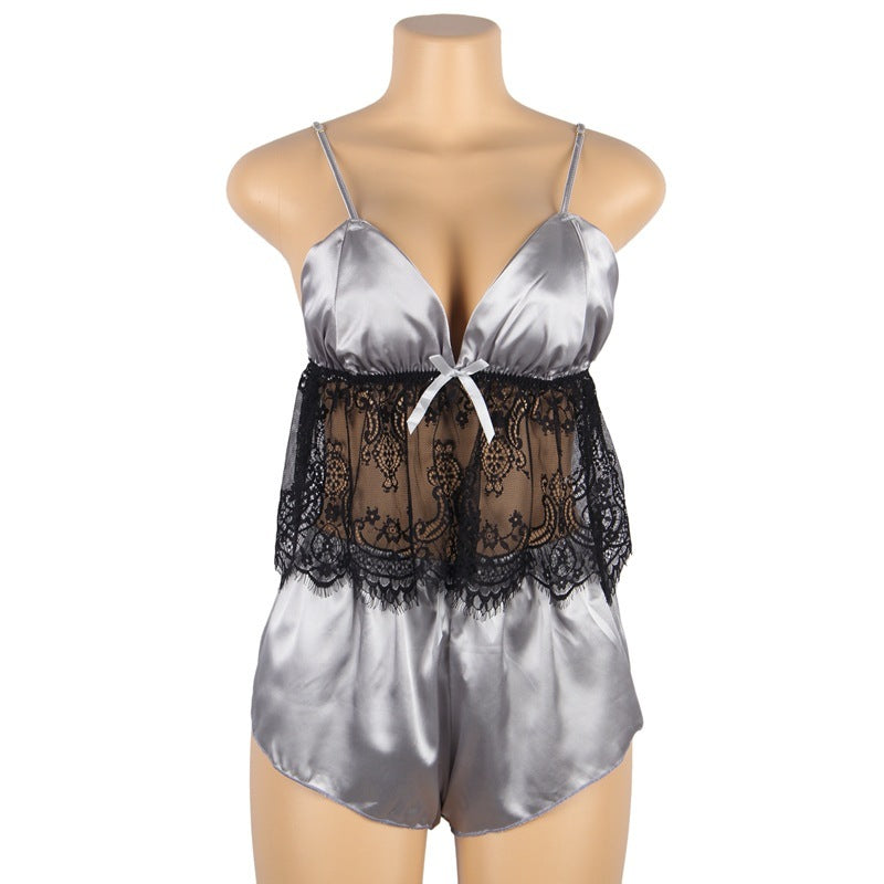 Plus & Curvy Size Pajamas Set with Lace-Trimmed Top, Short Pants