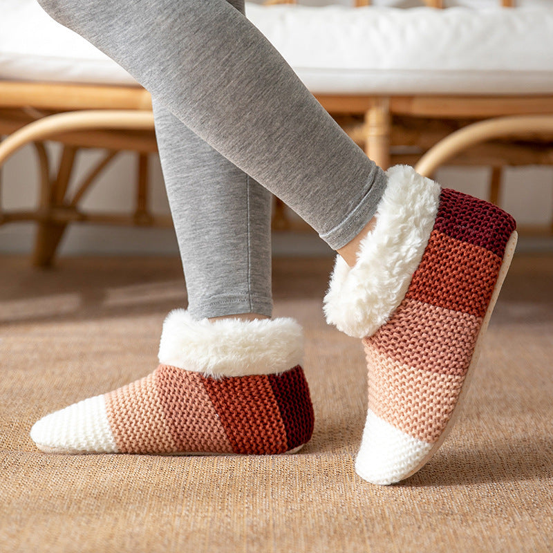 Home Indoor Warm Non-slip Color-matching Knitted Plush Floor Socks