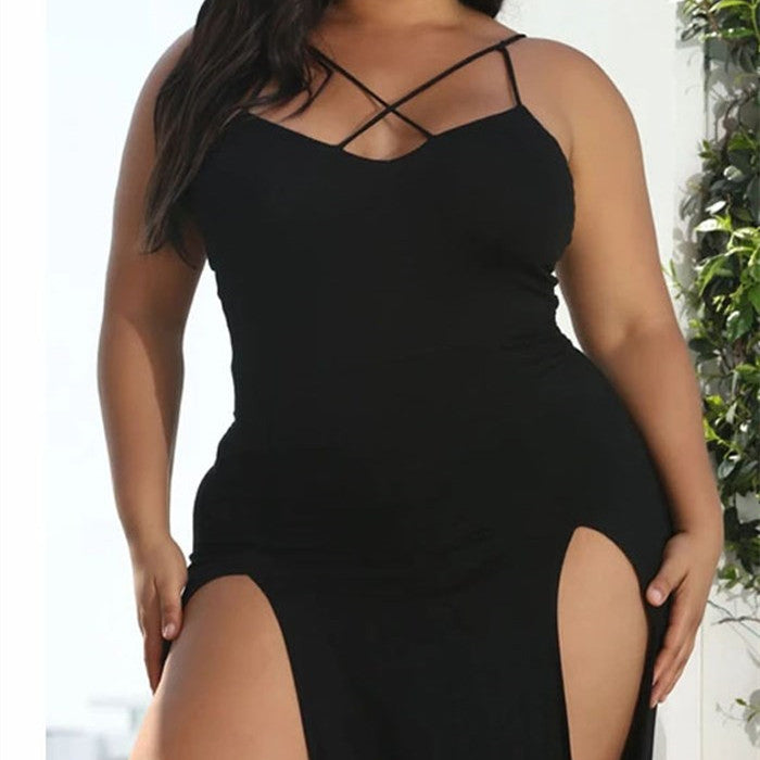 Curve-Hugging Long Sling Dress with Two Long Splits and Skinny Straps that Cross at Front