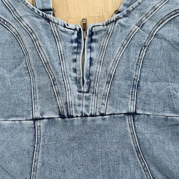 U-neck Suspender Tight Slim-Fit Denim Dress With Slit Design