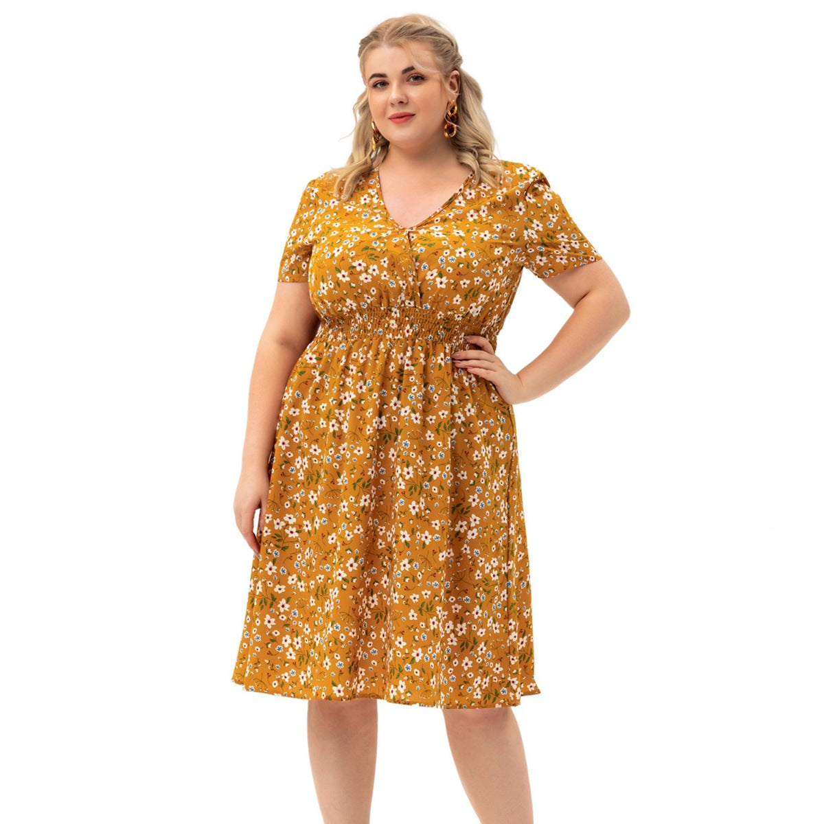 Knee-Length Elastic Waist Short-sleeved Printed Dress