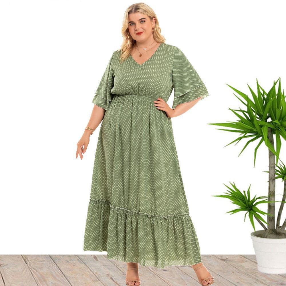 Long Bohemian Polka Dot Dress with Flounce Sleeves