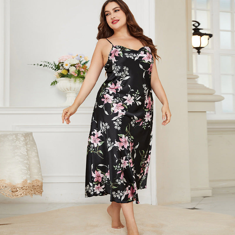 Plus & Curvy Long Ice Silk Skinny Straps Nightgown