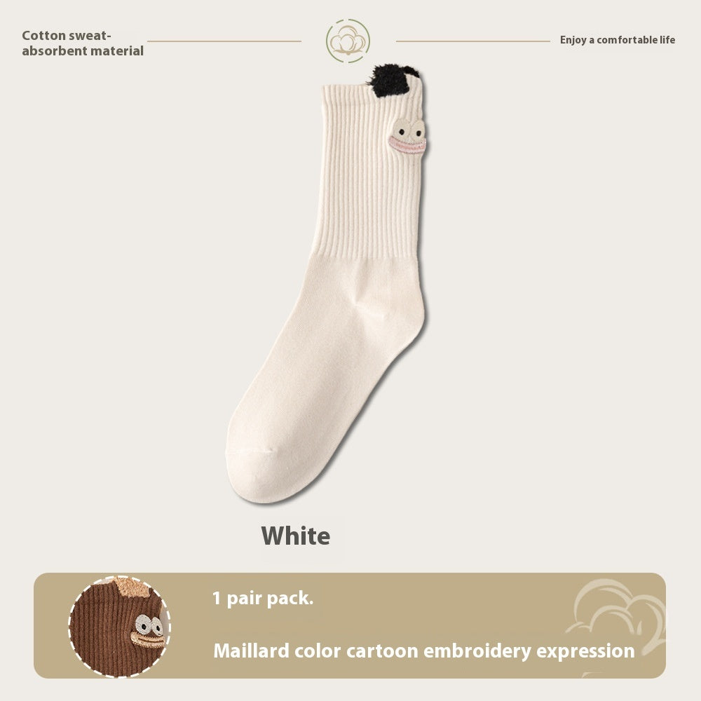 Embroidered Cartoon Happy Face Mid-Calf Tube Cotton Socks
