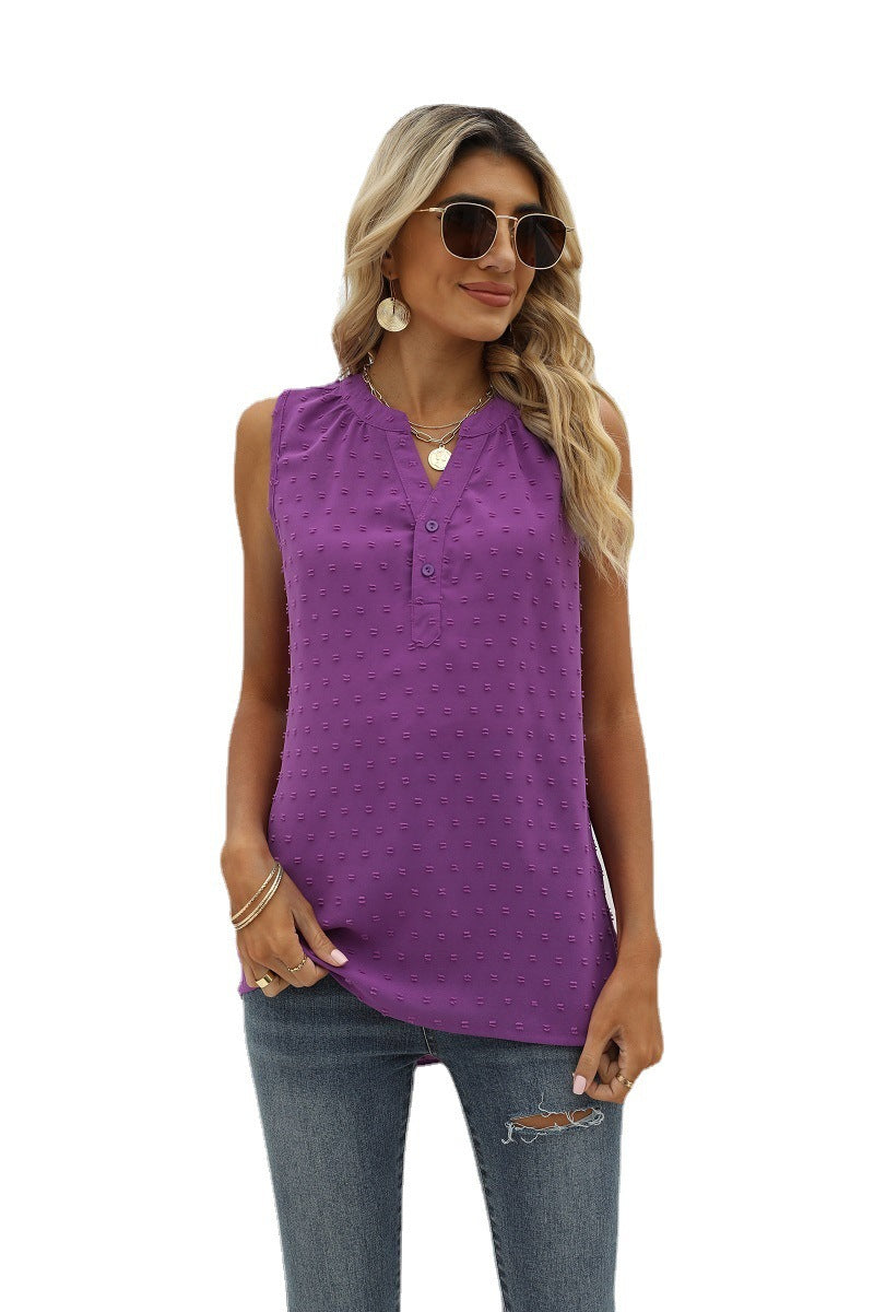 Sleeveless Loose Solid Color Chiffon Blouse V-neck with Jacquard Design