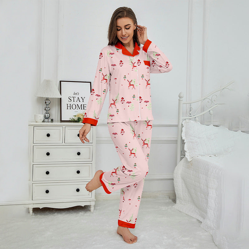 Long Sleeve Trousers Casual Red Cardigan Plaid Pajamas