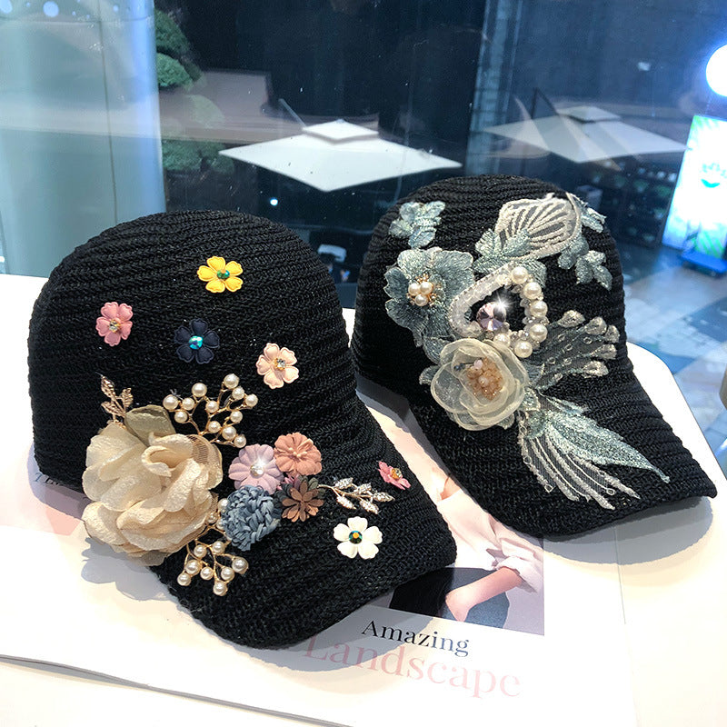 Women's Knitted Flower Rhinestone Handmade Applique Sunshade Cap