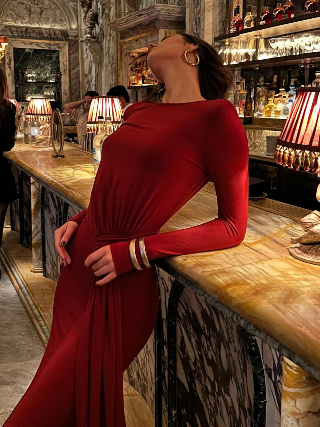 Burgundy Red Backless Chain Long Sleeve Dress