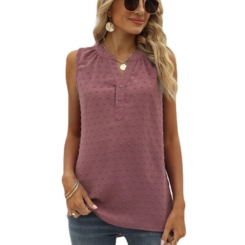 Sleeveless Loose Solid Color Chiffon Blouse V-neck with Jacquard Design