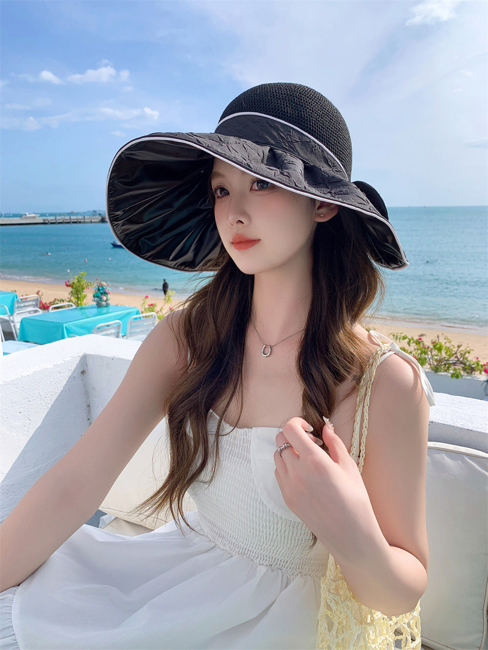 Women's Large Brim Sun UV Protection Hat with Large Bow