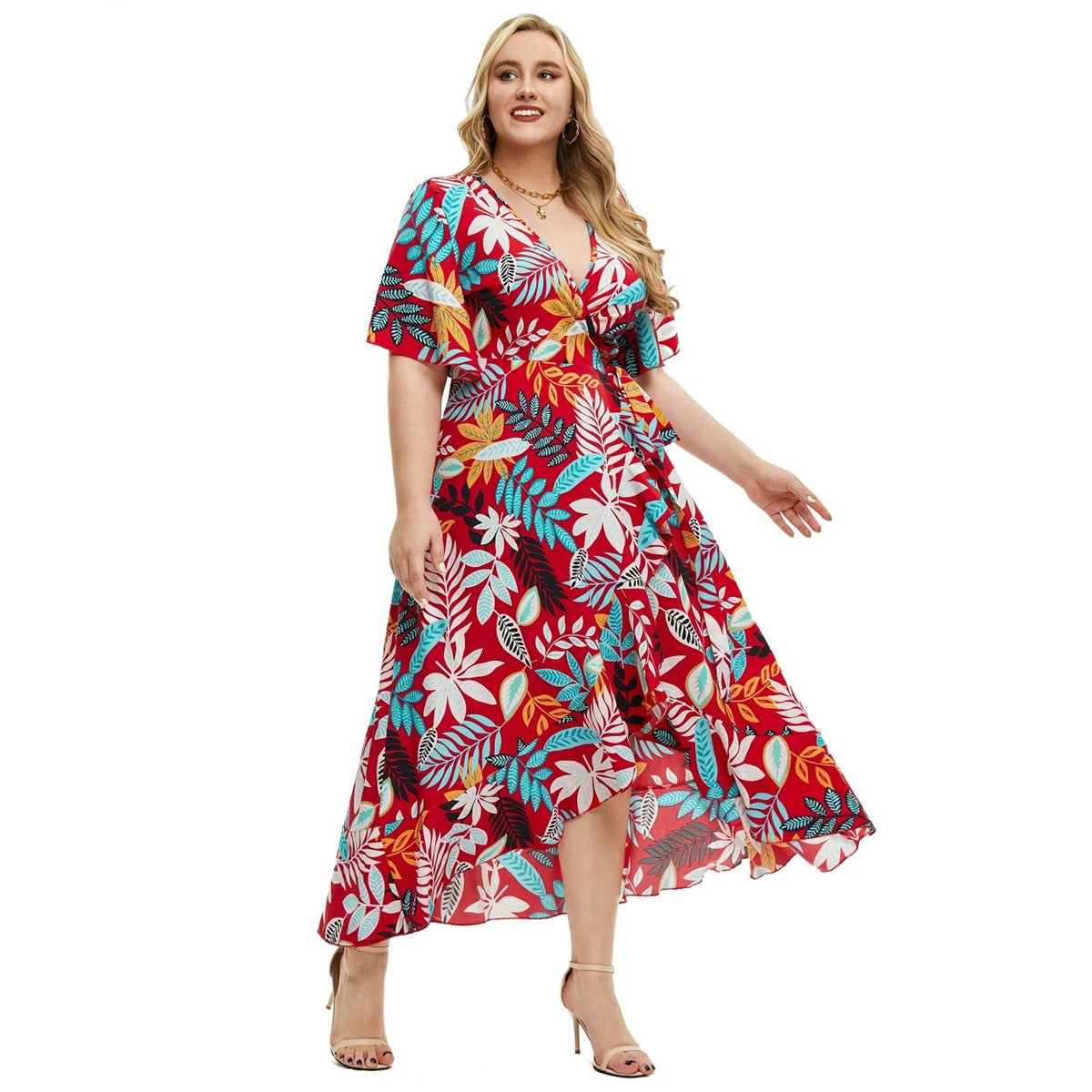 Short Sleeve Long V-Neck Dress with Large Leaf Print