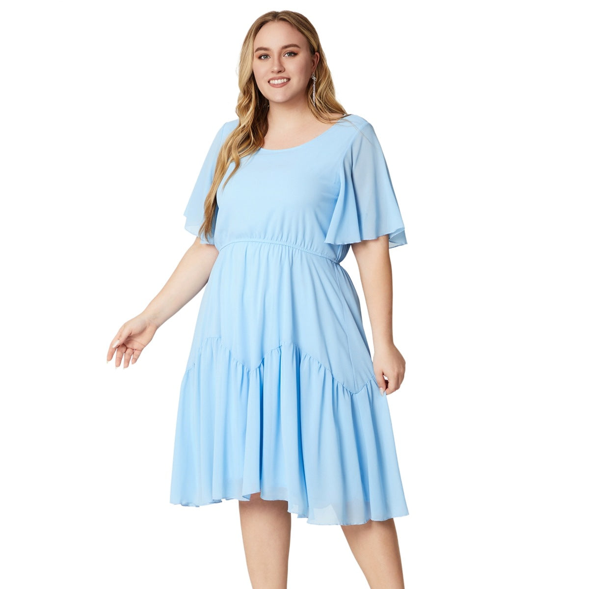 Women's Short Flounce Sleeve Floral Printed Chiffon Dress With Elastic Waist