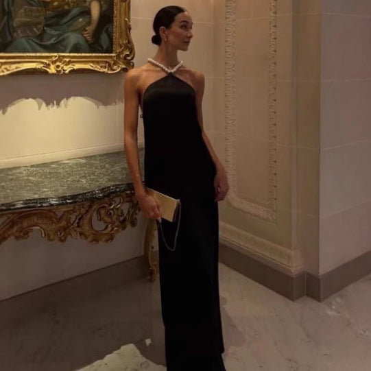 Black Premium Halter Backless Dress With Faux Pearl Straps