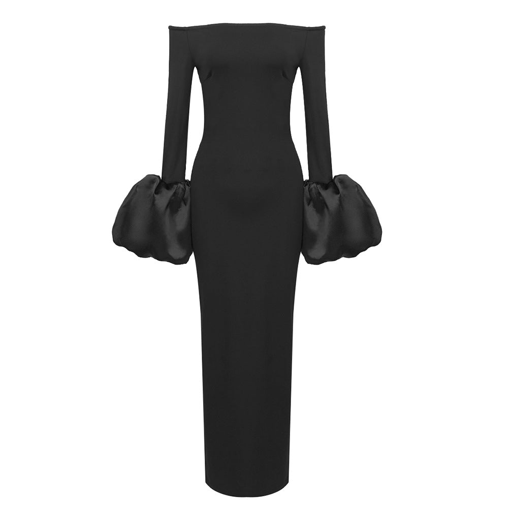 Red And Black Slim-fit Long Sleeve French Lantern Sleeve Dress