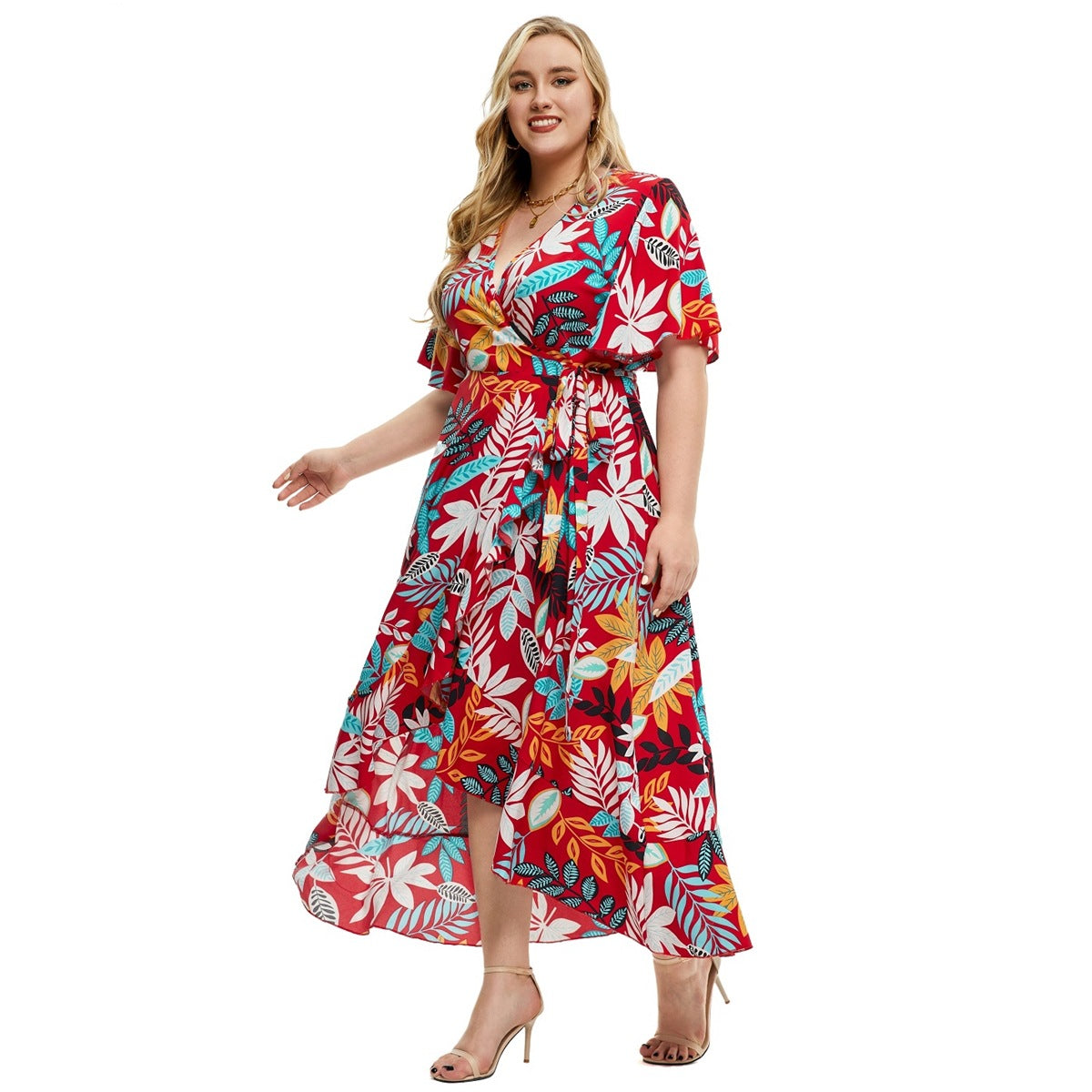 Short Sleeve Long V-Neck Dress with Large Leaf Print
