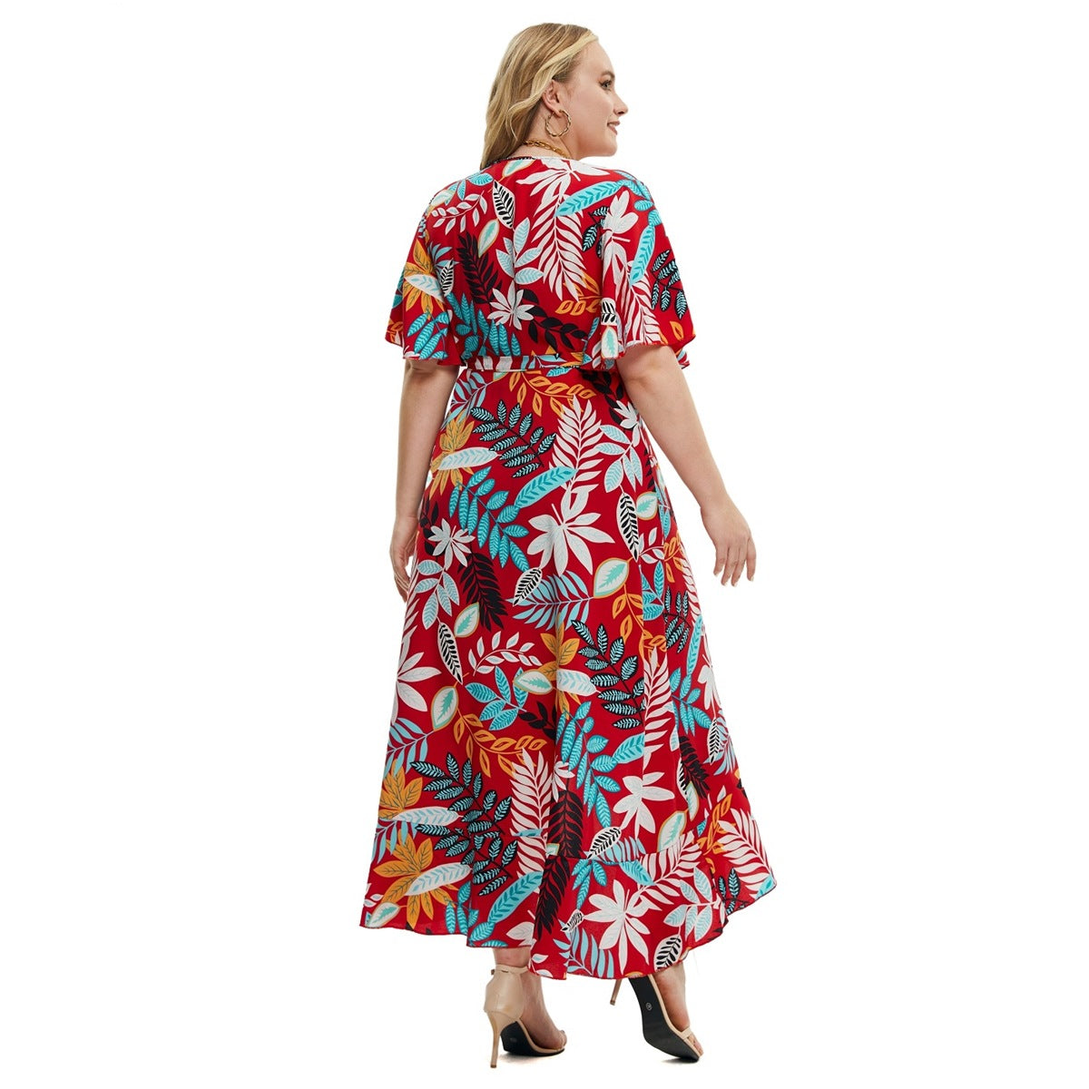 Short Sleeve Long V-Neck Dress with Large Leaf Print