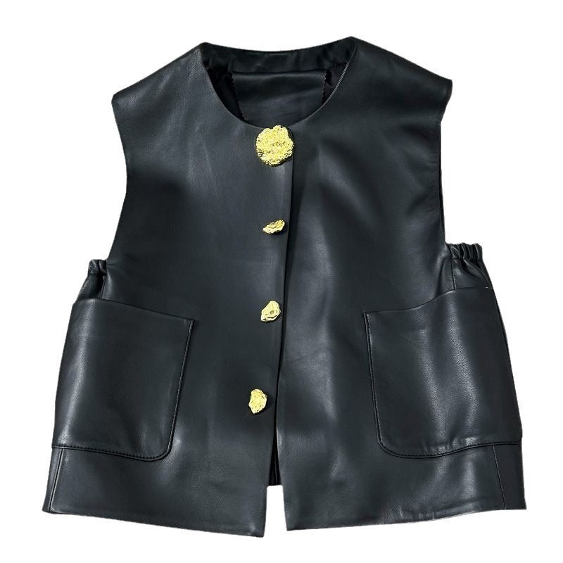 Black Sleeveless Jacket With Large Gold Buttons