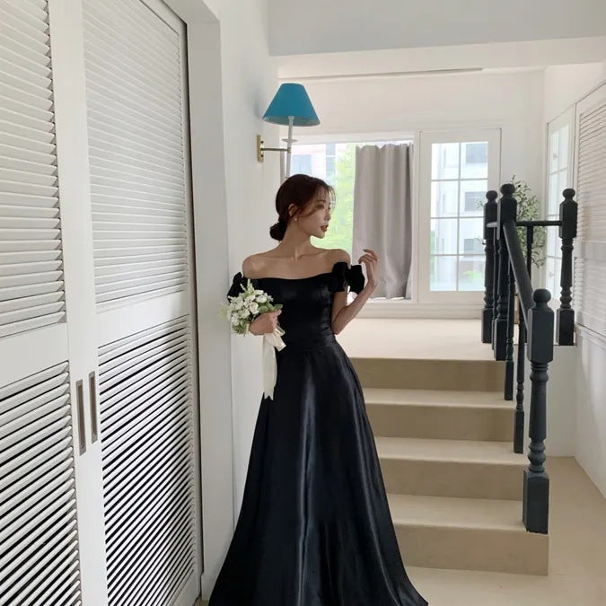 Black Temperament High Waist Off-the-Shoulder Sleeveless Dress