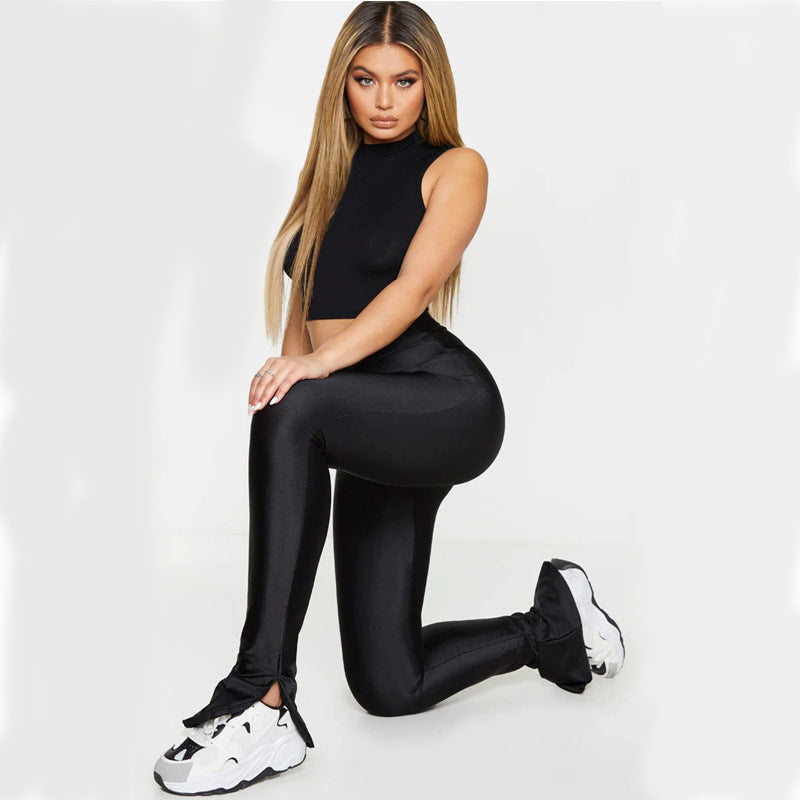Stretchy High Waist Sporty Tight Black Ankle-length Pants