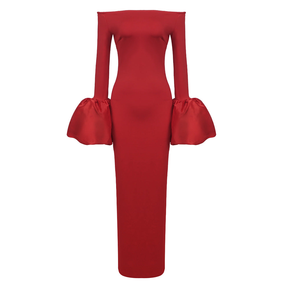 Red And Black Slim-fit Long Sleeve French Lantern Sleeve Dress