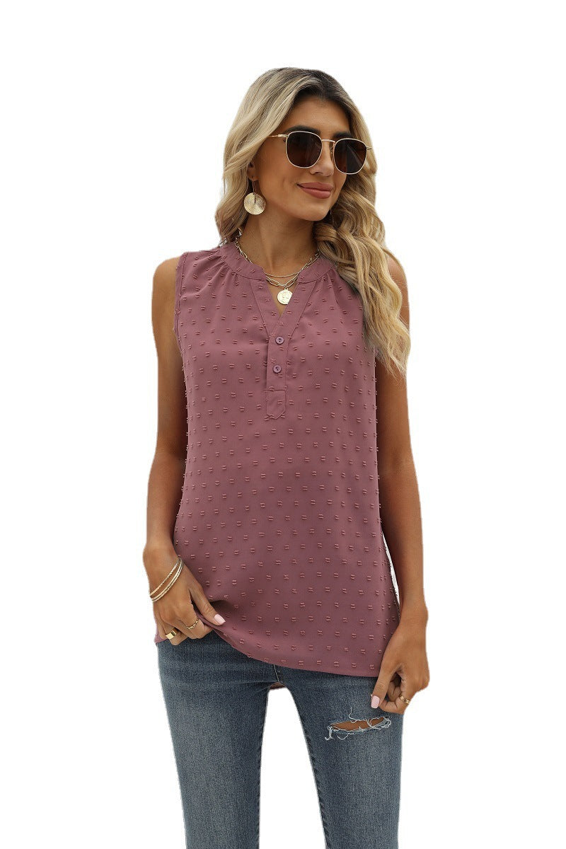 Sleeveless Loose Solid Color Chiffon Blouse V-neck with Jacquard Design