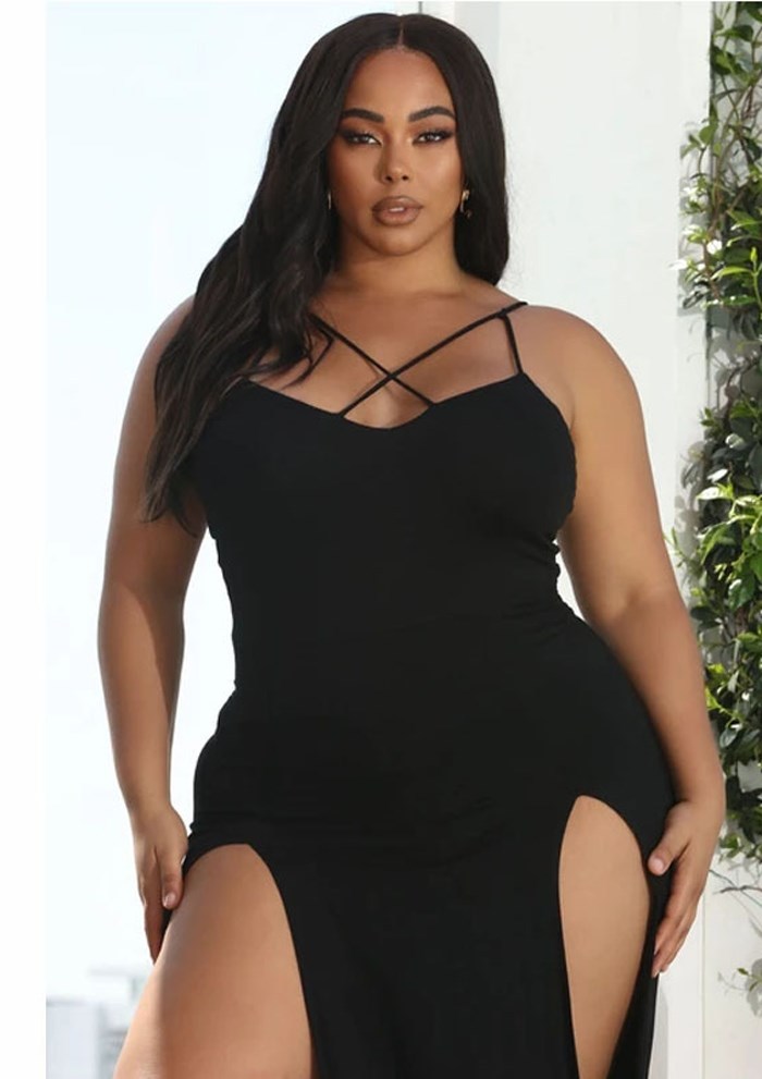 Curve-Hugging Long Sling Dress with Two Long Splits and Skinny Straps that Cross at Front