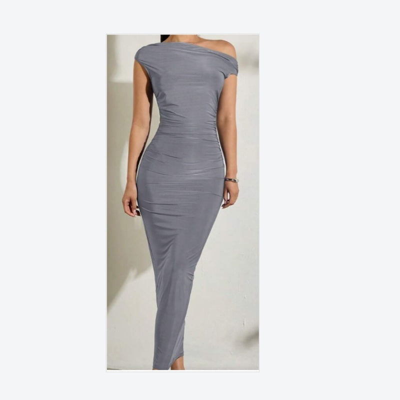 Elegant Oblique Shoulder One Off-Shoulder Front Pleated Slim Long Skirt Wavy Texture