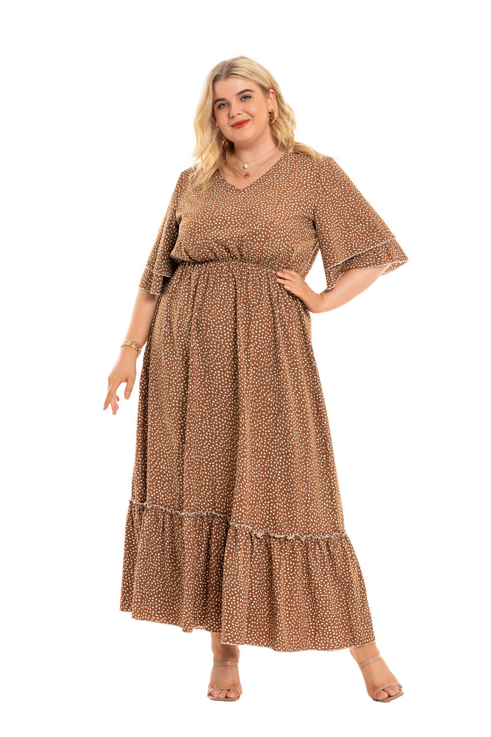 Long Bohemian Polka Dot Dress with Flounce Sleeves