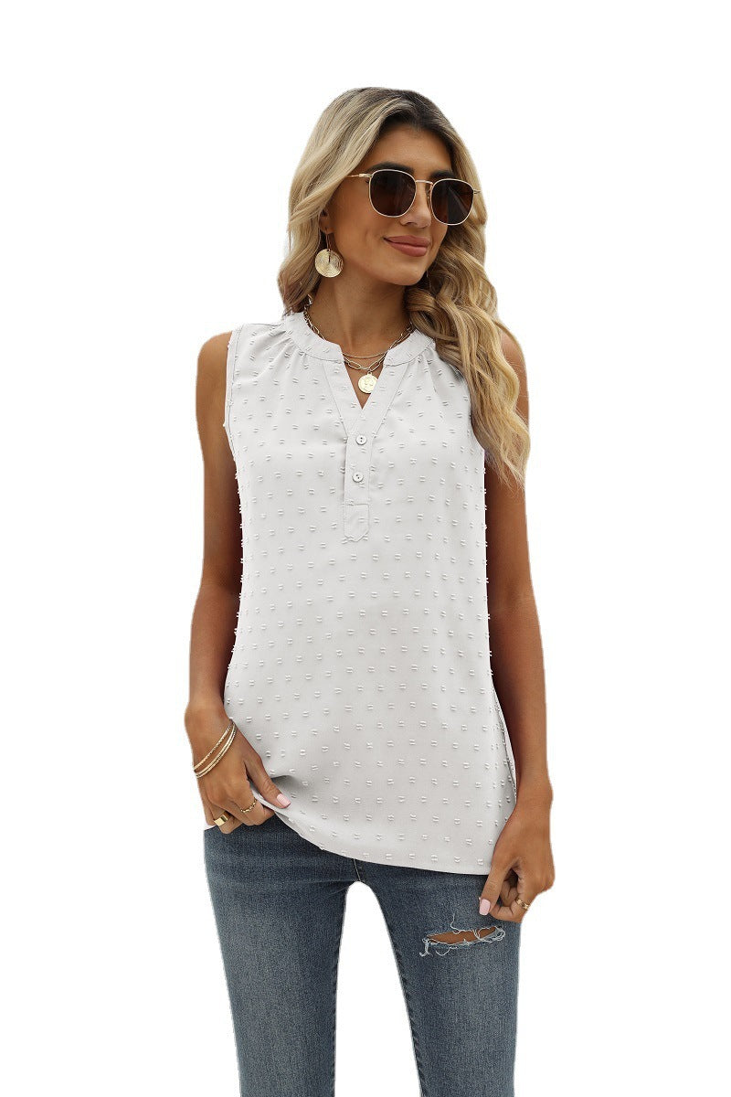 Sleeveless Loose Solid Color Chiffon Blouse V-neck with Jacquard Design