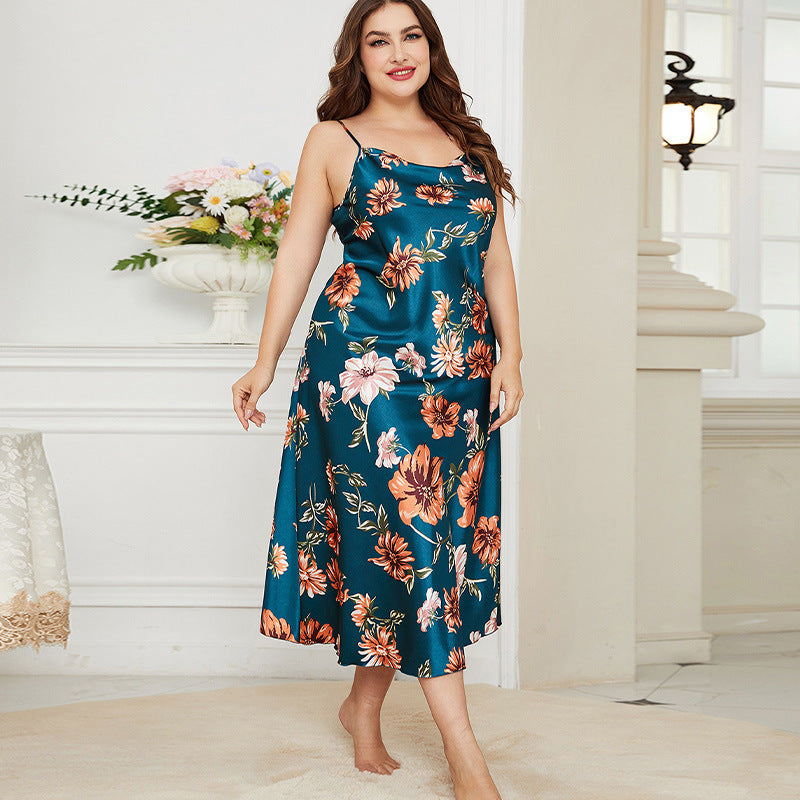 Plus & Curvy Long Ice Silk Skinny Straps Nightgown