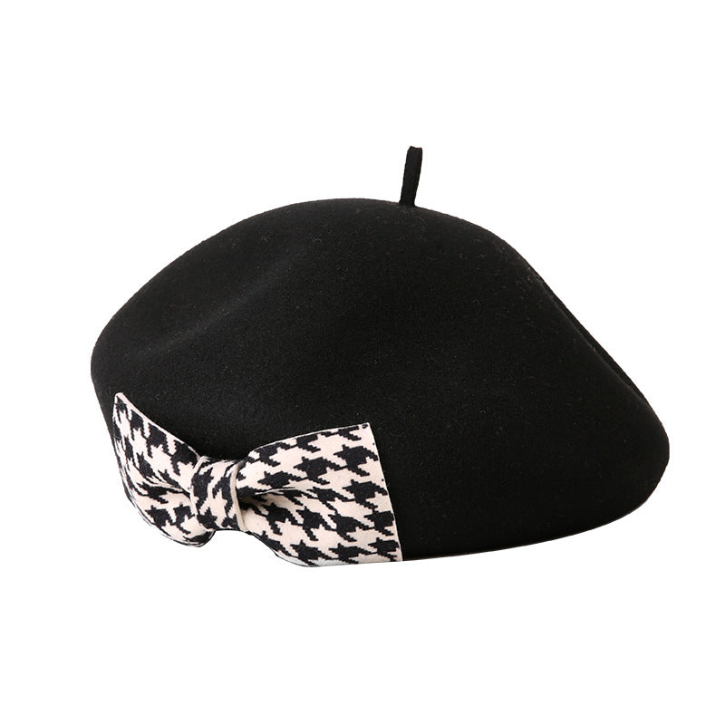 Women's Artist Cap/Beret All-matching Hat with Checkered Bow