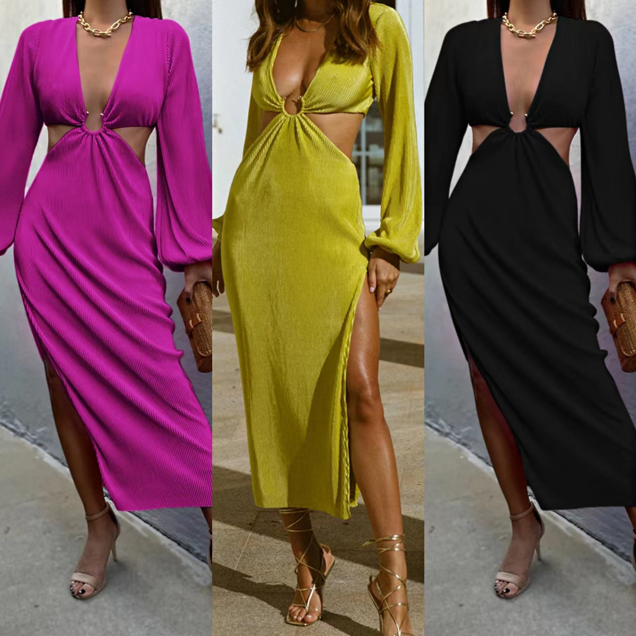 Women's Ribbed Dress with Long Flounce Sleeves (Plus Sizes available)