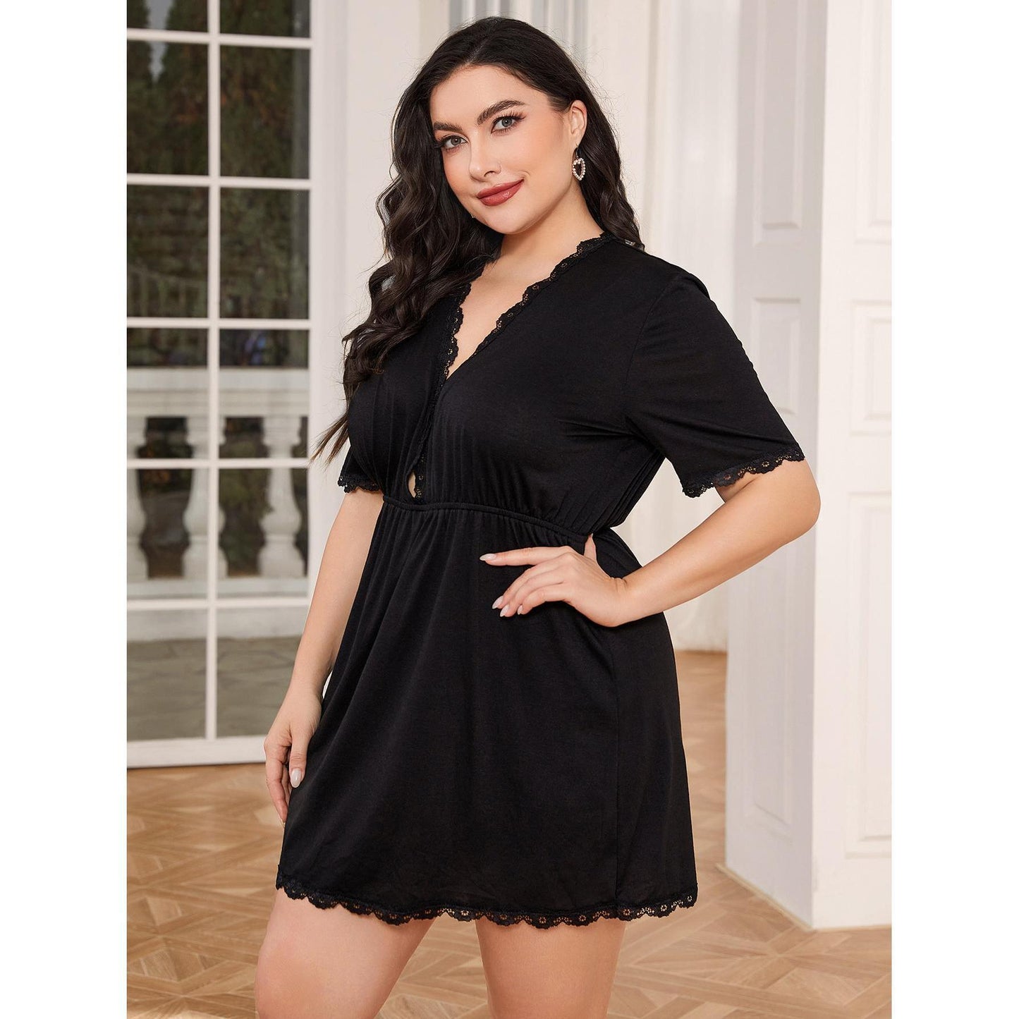 Lace-Trimmed Soft V-Neck Short Sleeve Elastic Waist Black Short Night Dress