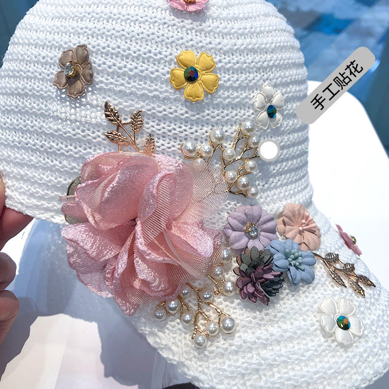 Women's Knitted Flower Rhinestone Handmade Applique Sunshade Cap