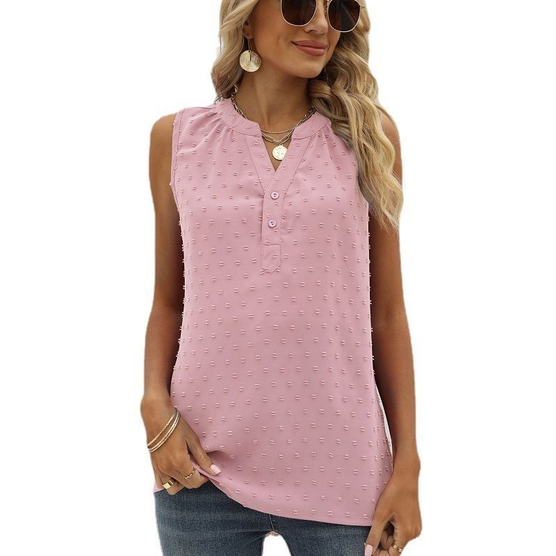 Sleeveless Loose Solid Color Chiffon Blouse V-neck with Jacquard Design