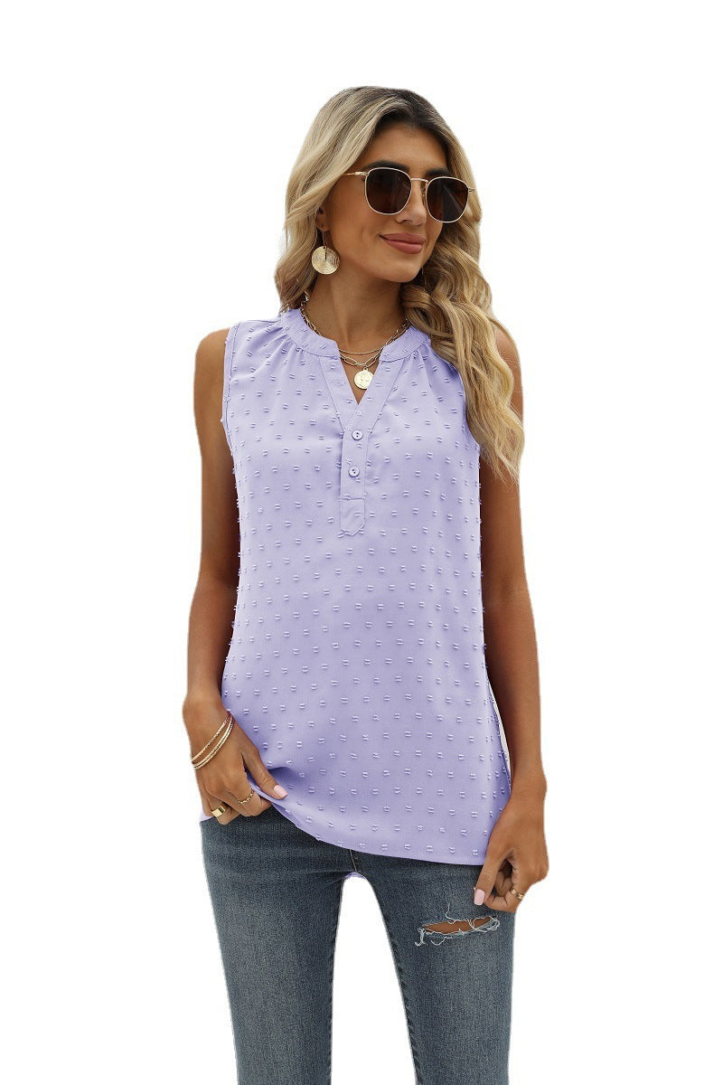 Sleeveless Loose Solid Color Chiffon Blouse V-neck with Jacquard Design