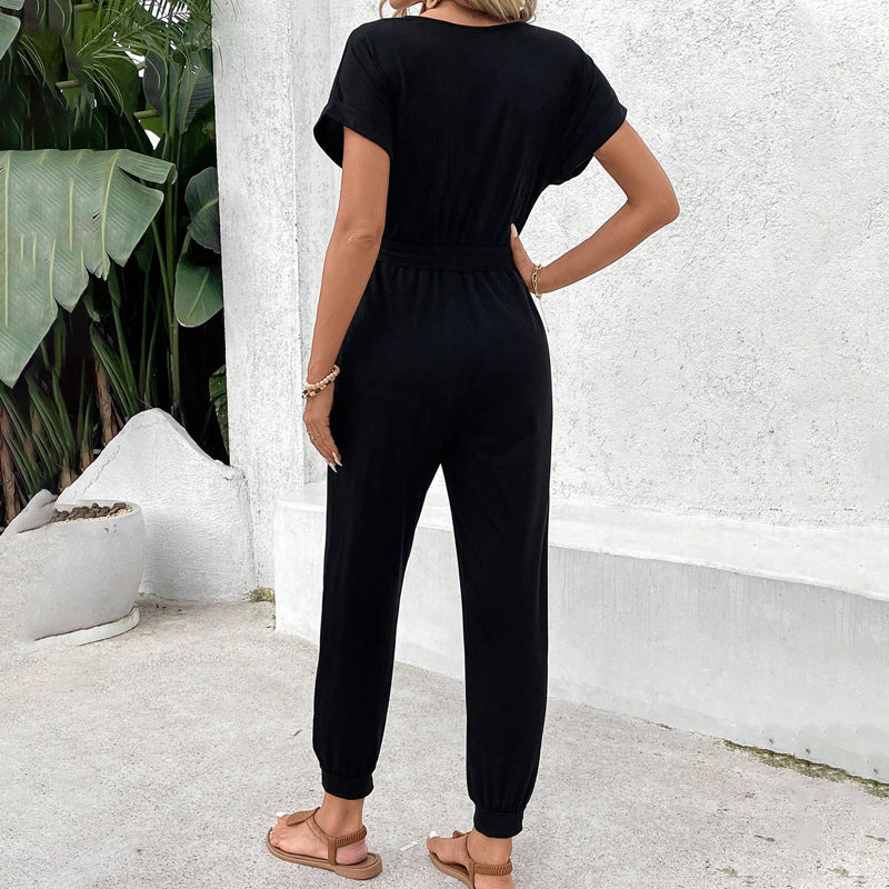 Jumpsuit Lace-up Short Sleeve Black