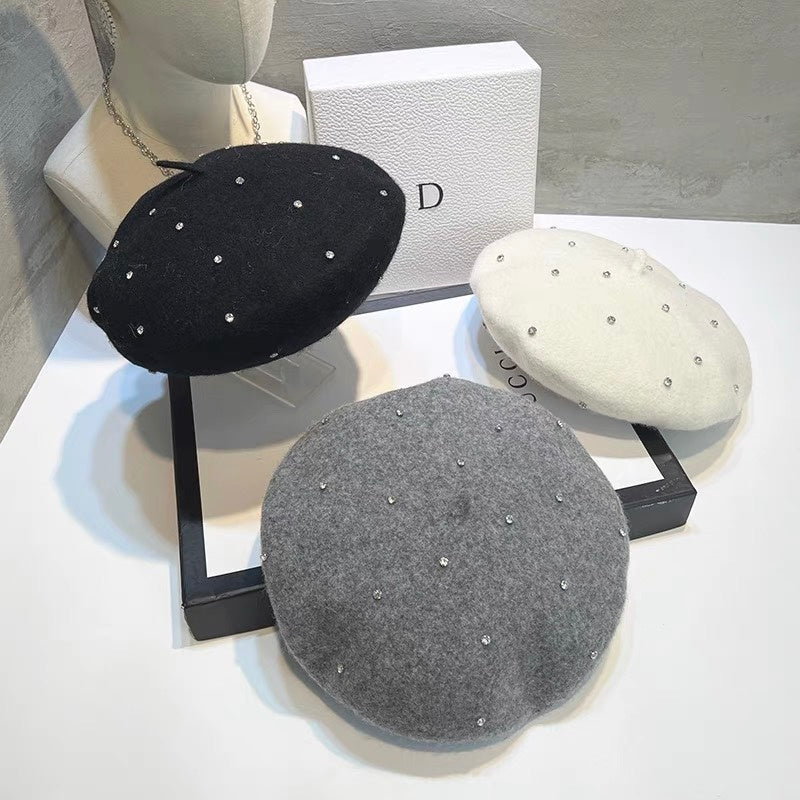 Woolen Black Crystal Beret in Gray, Black or Beige