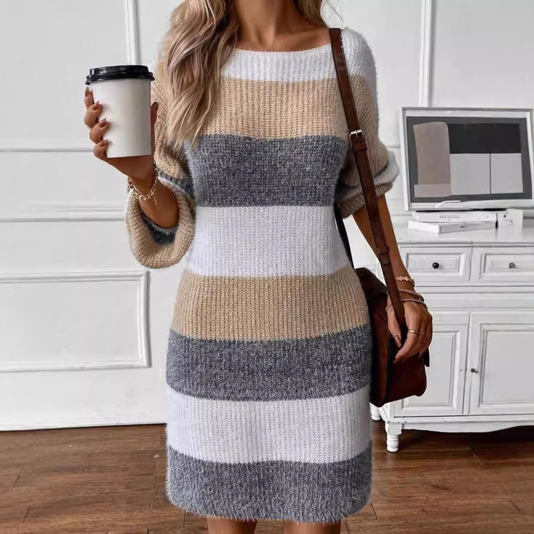 Versatile Contrast Color Striped Dress Sweater