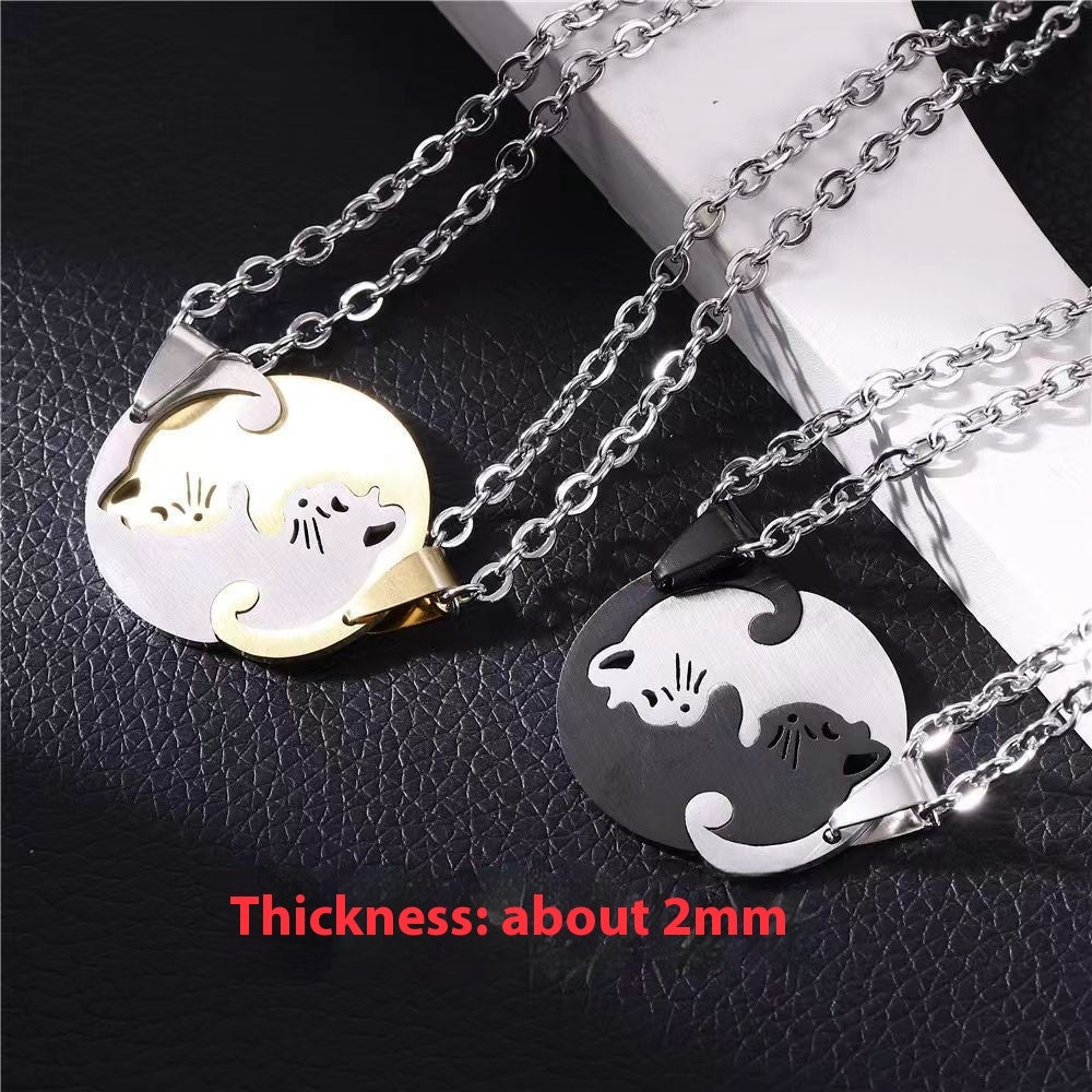 Creative Peach Heart Cat Couple Necklace Stitching Stainless Steel