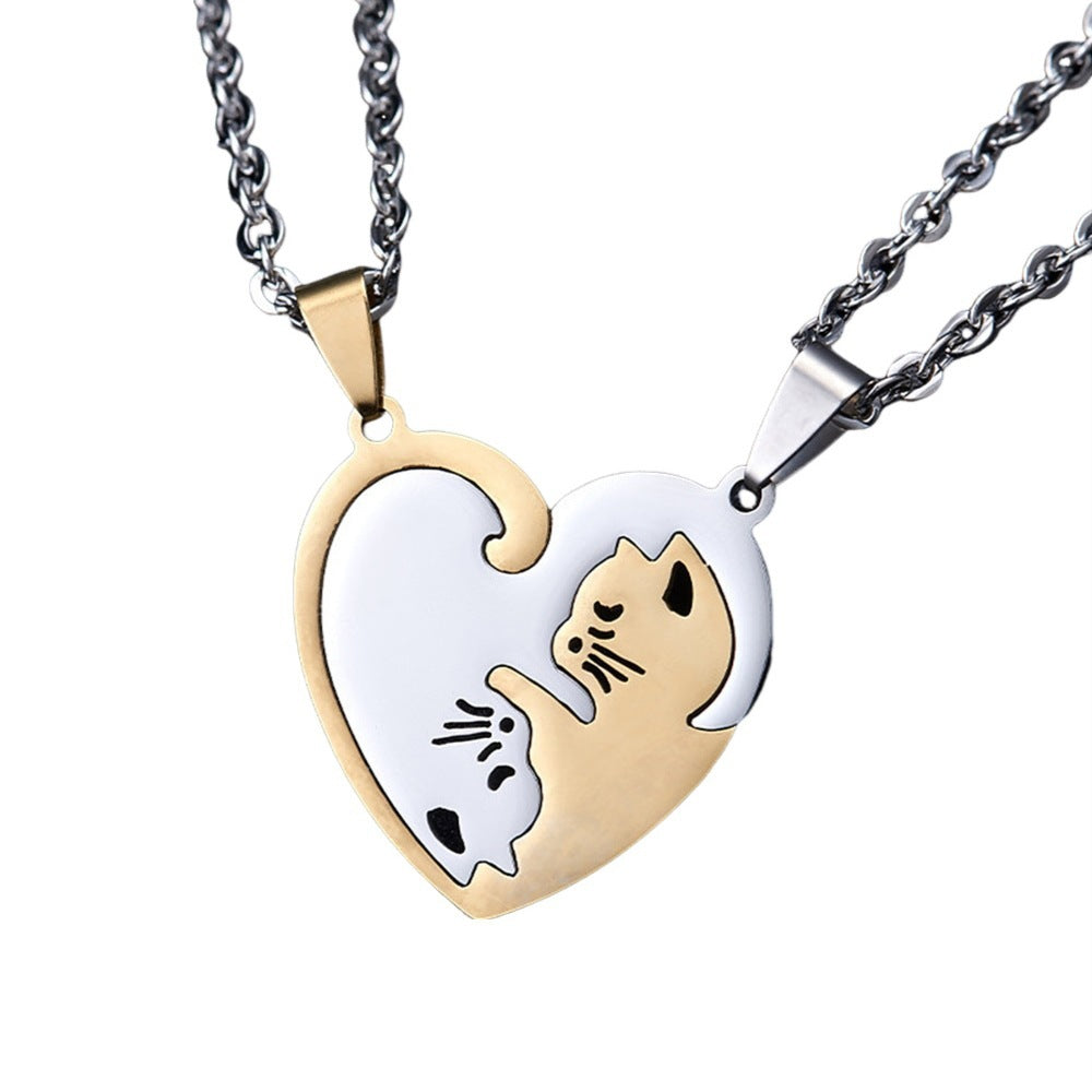 Creative Peach Heart Cat Couple Necklace Stitching Stainless Steel