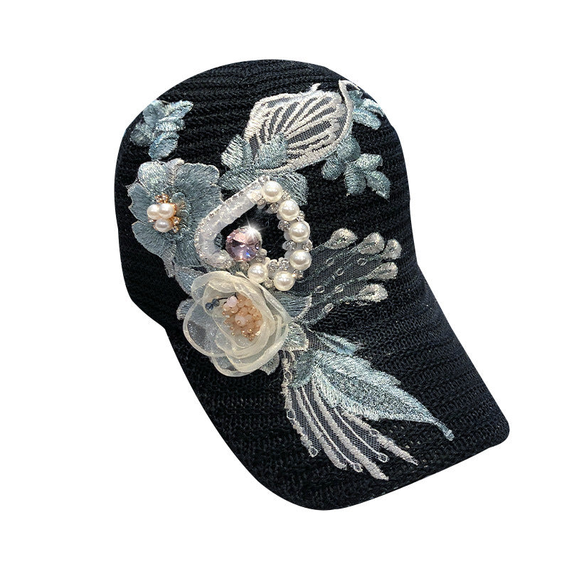 Women's Knitted Flower Rhinestone Handmade Applique Sunshade Cap