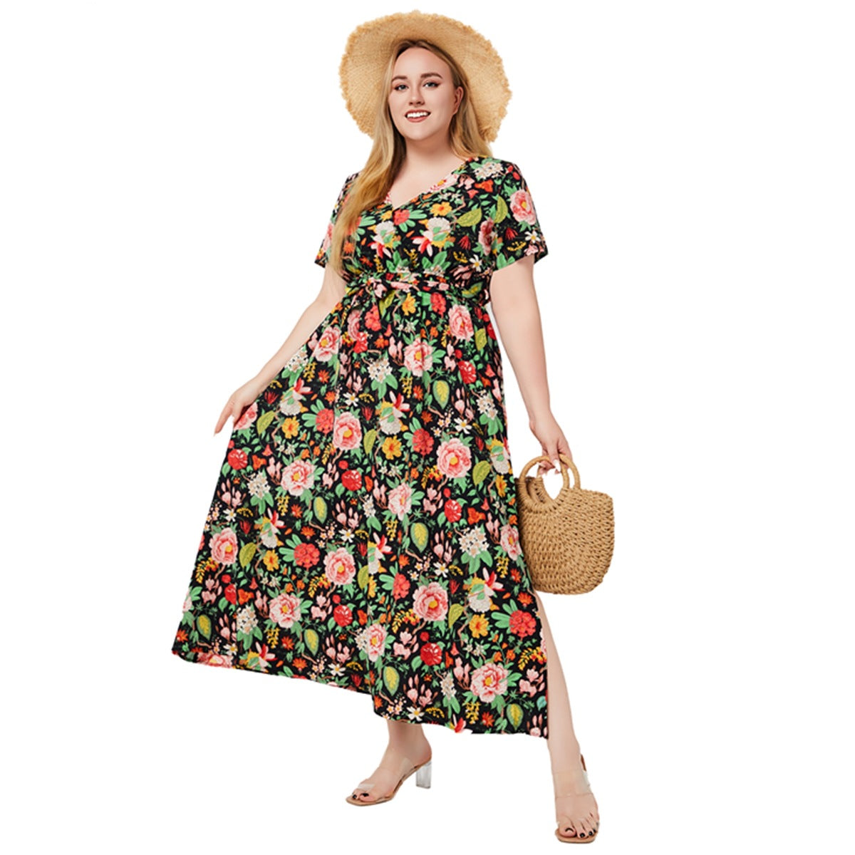 V-neck Short Sleeve Flowing Floral Dress