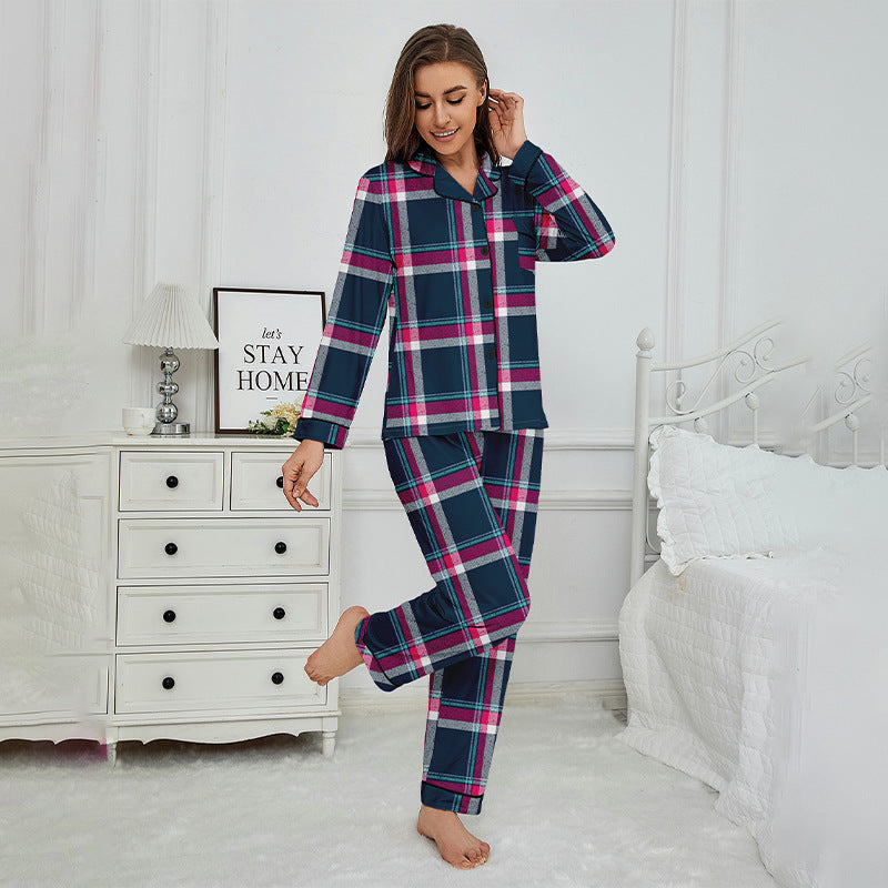 Long Sleeve Trousers Casual Red Cardigan Plaid Pajamas