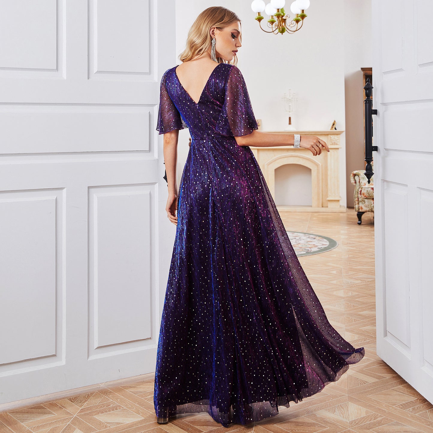 Women's Long Elegant Dress with see-through short sleeves and snug tall waist wrap