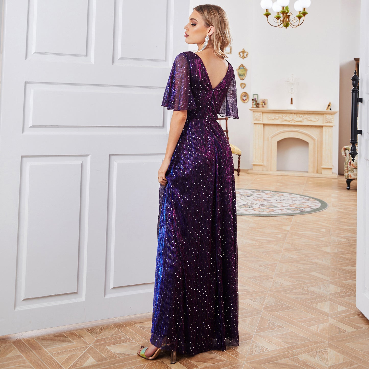 Women's Long Elegant Dress with see-through short sleeves and snug tall waist wrap