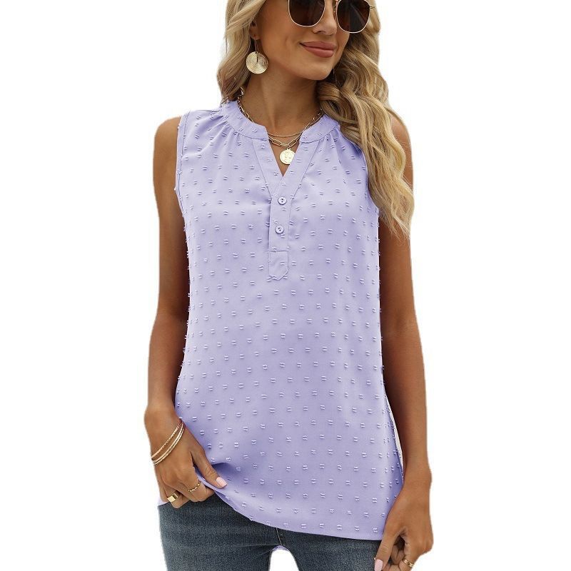 Sleeveless Loose Solid Color Chiffon Blouse V-neck with Jacquard Design