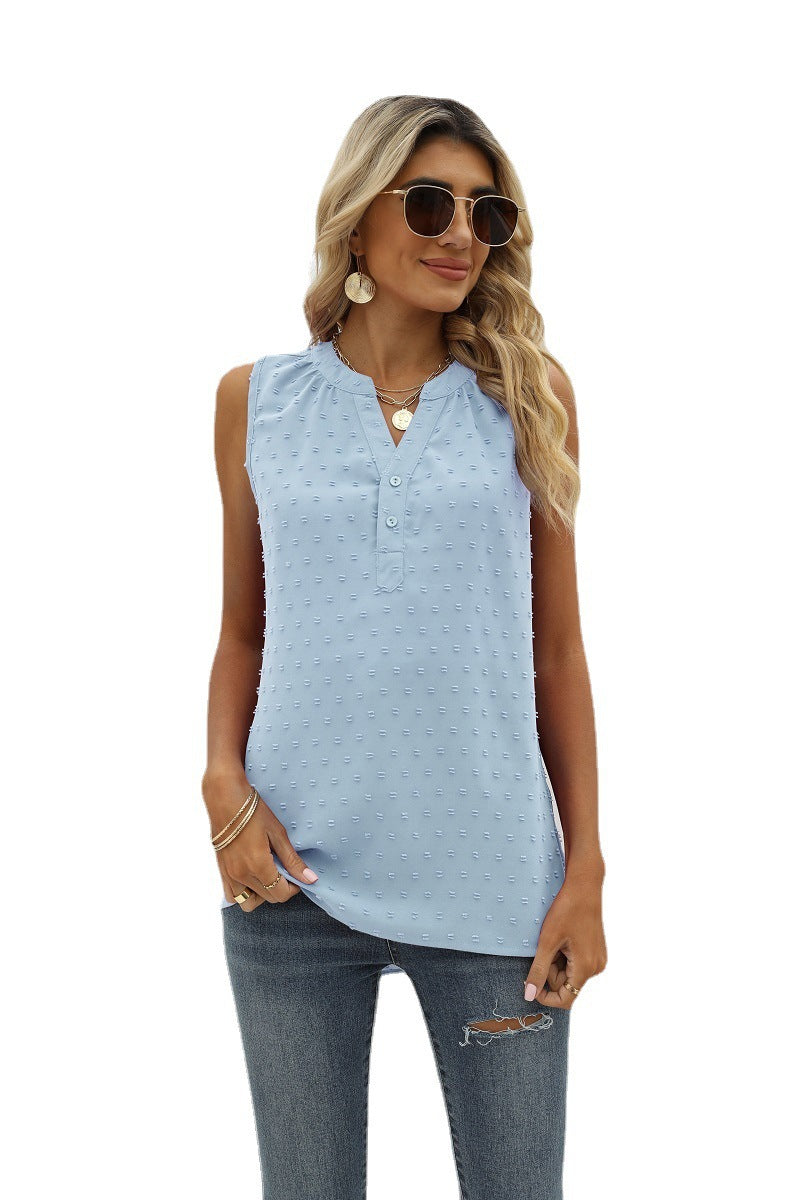 Sleeveless Loose Solid Color Chiffon Blouse V-neck with Jacquard Design