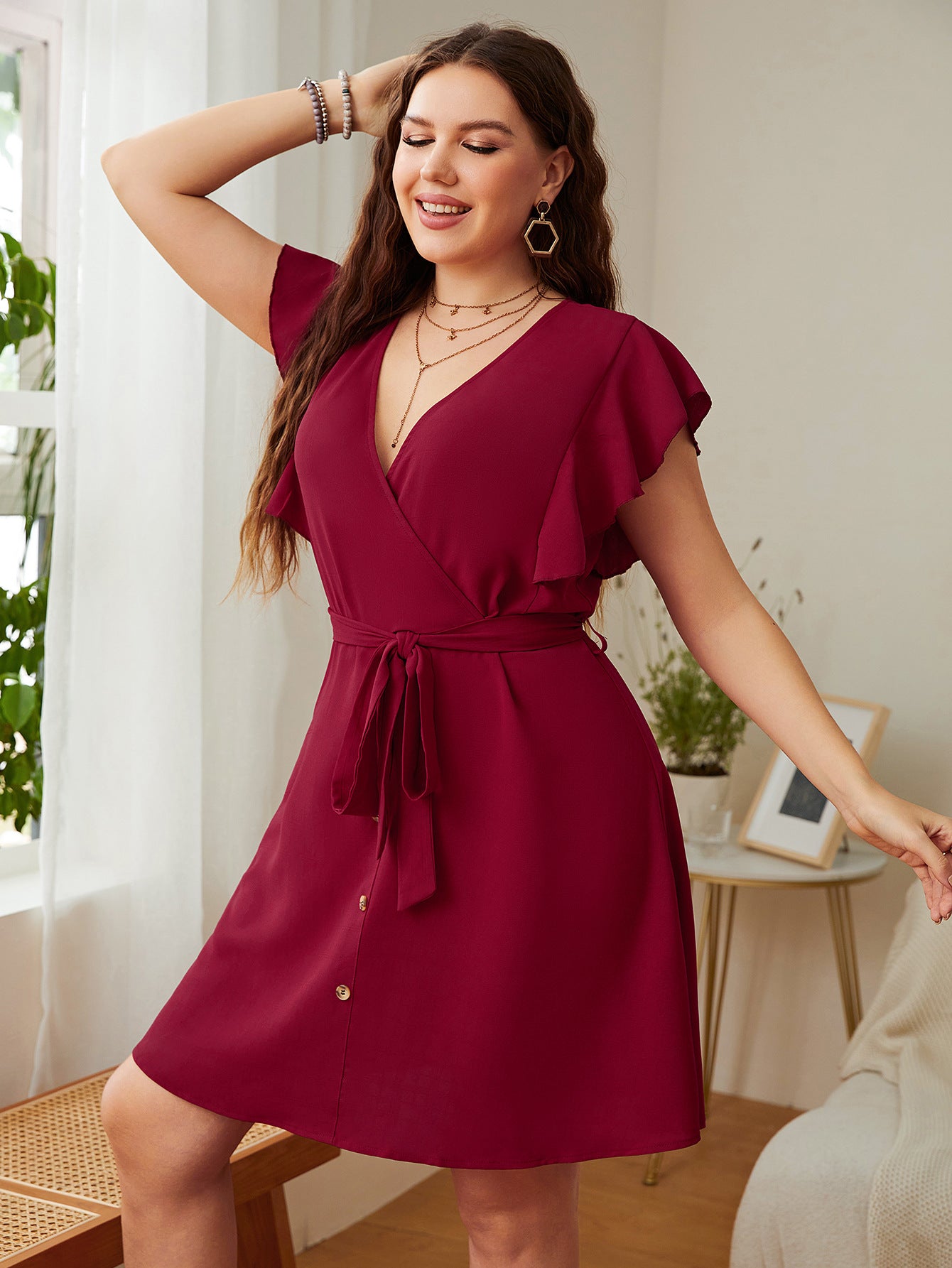 Deep V-Neck Ruffle Sleeves Short Dress